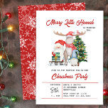 Merry Little Cute Kinder Kerstfeest Party Kaart<br><div class="desc">Vrolijk kerstfeest met de naam Birthday party,  perfect voor kinderen die winterfeestjes houden. Dit schattige feestelijke ontwerp is voorzien van de kerstman en zijn helpers met een kerstboom en slee gevuld met geschenken. U kunt de titel en alle uitnodigingen personaliseren om een kind van elke leeftijd aan te passen.</div>