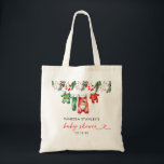 Merry Little Floral Christmas Santa Baby shower Tote Bag<br><div class="desc">Maak uw vakantie baby shower nog specialer met onze Merry Little Floral Christmas Santa Baby shower Canvas tas. Met een charmant Santa Claus-ontwerp omgeven door levendige rode poinsettia's en feestelijk groen, is deze canvas tas zowel praktisch als stijlvol. Ideaal voor gasten om hun geschenken of feestgunsten te dragen, het voegt...</div>