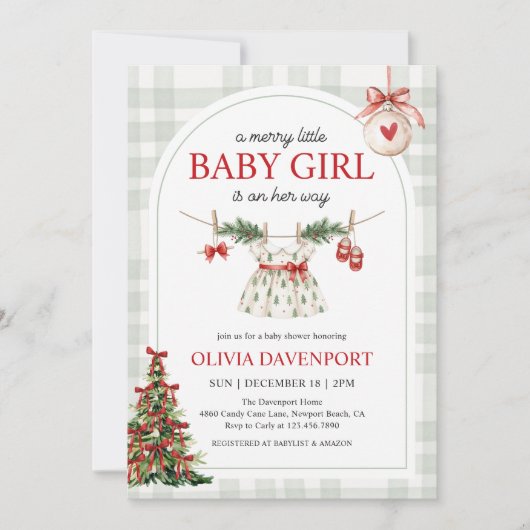 Merry Little Girl Gingham Christmas Baby Shower Kaart (Voorkant)