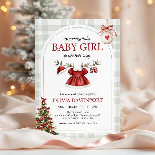 Merry Little Girl Gingham Christmas Baby Shower Kaart