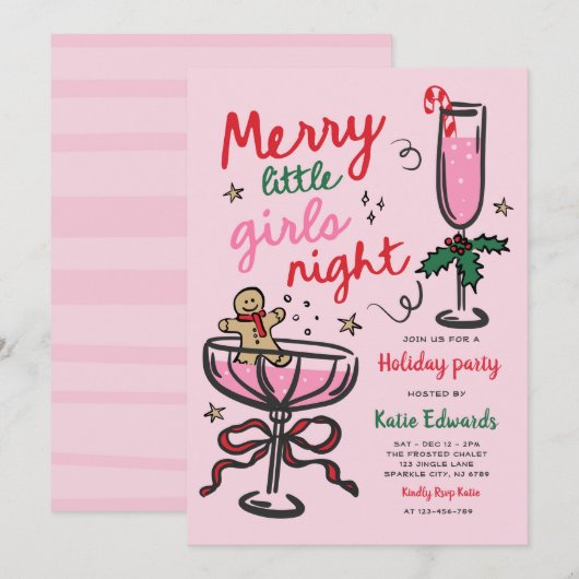 Merry Little Girls Night Christmas Cocktail Party Kaart (Voorkant / Achterkant)