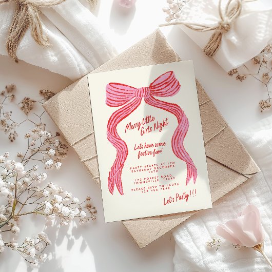 Merry Little Girls Night Invitation | Pink Red Bow Kaart