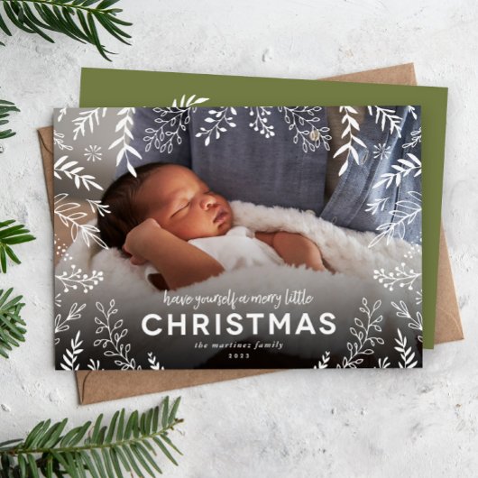 Merry Little KerstBotanical Overlay Foto Feestdagenkaart
