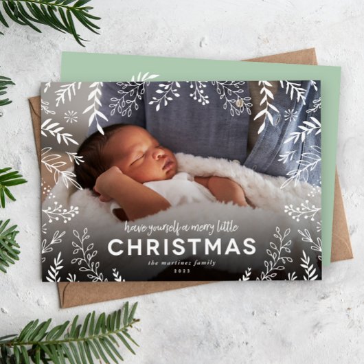Merry Little KerstBotanical Overlay Foto Feestdagenkaart