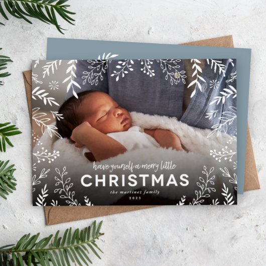 Merry Little KerstBotanical Overlay Foto Feestdagenkaart