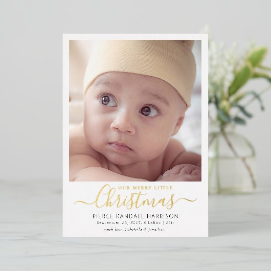 Merry Little Kerstfeest Baby Foto Gold Foil Folie Feestdagenkaart (Staand Voorkant)