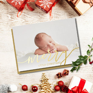 Merry Little kerstfoto Baby Birth Gold Folie Feestdagenkaart