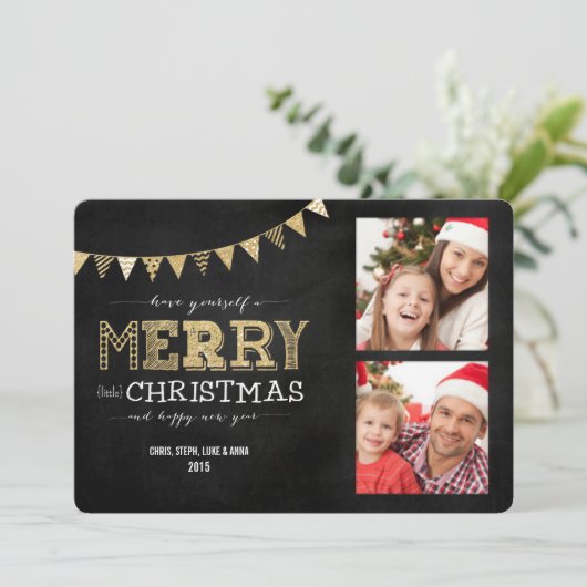 Merry Little KerstGold Glitter 2-fotokaart Feestdagenkaart (Staand voorkant)