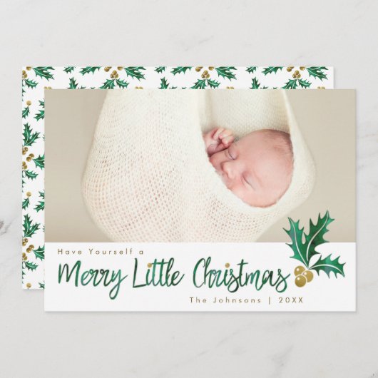 Merry Little KerstGreen Gold Holly Waterverf Feestdagenkaart (Voorkant / Achterkant)