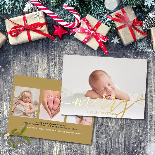 Merry Little Kerstmis 4 Foto's Baby Birth Gold Folie Feestdagenkaart