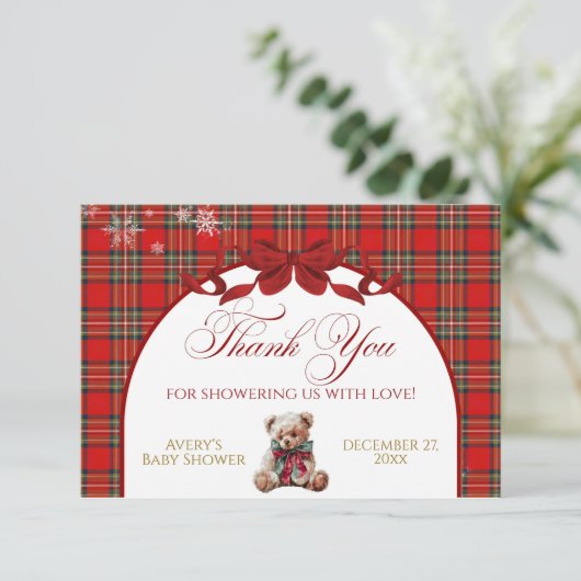 Merry Little Red Bow Christmas Plaid Bedankkaart (Staand voorkant)