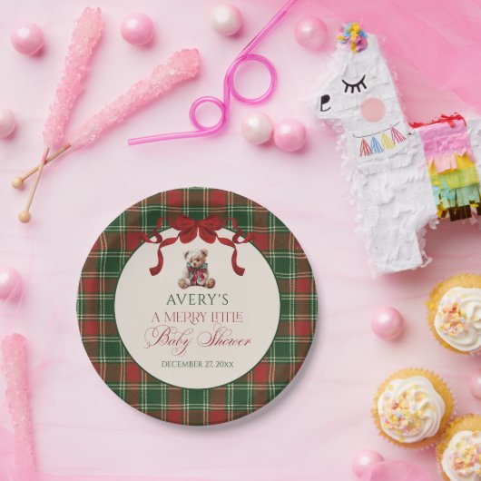 Merry Little Red Bow Christmas Plaid Papieren Bordje (Feest)