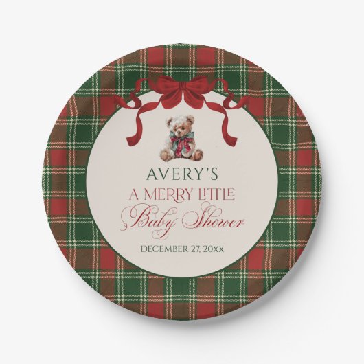 Merry Little Red Bow Christmas Plaid  Papieren Bordje (Voorkant)