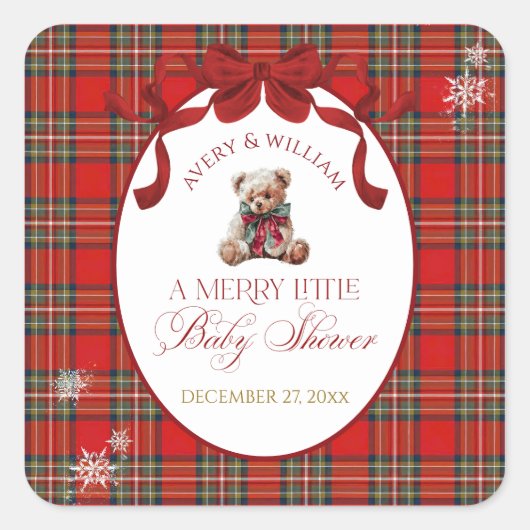 Merry Little Red Bow Christmas Plaid  Vierkante Sticker (Voorkant)