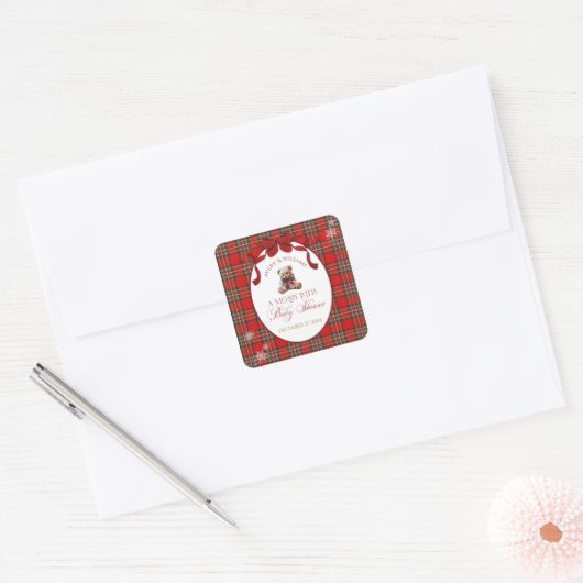 Merry Little Red Bow Christmas Plaid  Vierkante Sticker (Envelop)