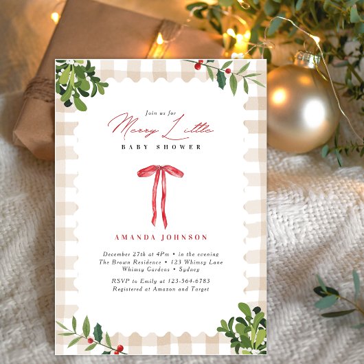 Merry Little Red Bow Gingham Baby Shower Kaart