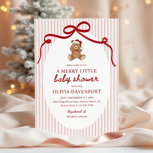 Merry Little Teddy Bear Red Christmas Baby Shower Kaart
