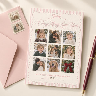 Merry Little Year Roze Strik Kerst Foto Collage Feestdagenkaart