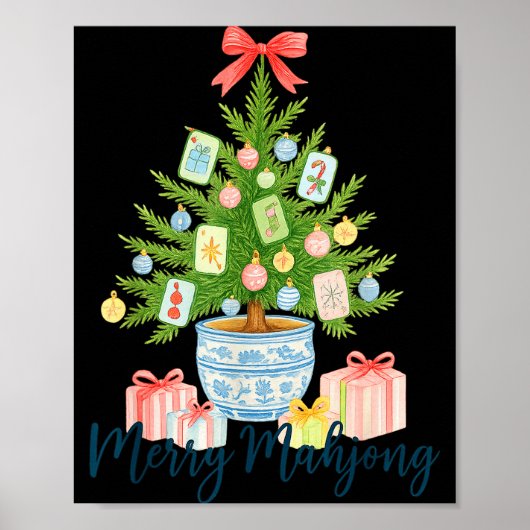 Merry Mahjong Christmas Tree Chinoiserie Holiday  Poster (Voorkant)
