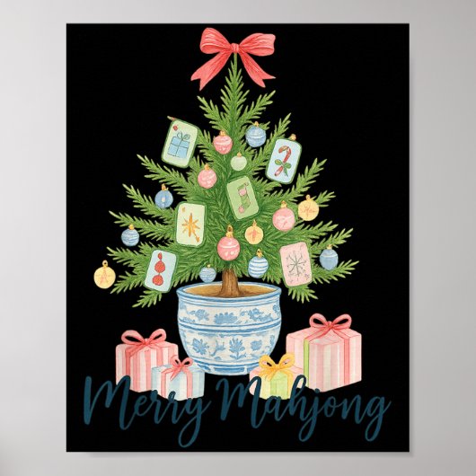 Merry Mahjong Christmas Tree Chinoiserie Holiday Poster (Voorkant)