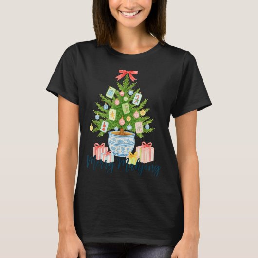 Merry Mahjong Christmas Tree Chinoiserie Holiday  T-shirt (Voorkant)