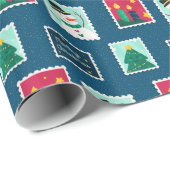 Merry Mail Blue Holiday Postage Stamps Patroon Cadeaupapier (Rol Hoek)