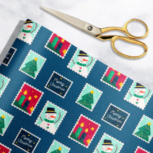 Merry Mail Blue Holiday Postage Stamps Patroon Cadeaupapier