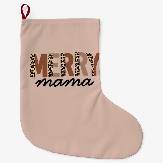"Merry Mama" Boho Leopard kleurenblok Grote Kerstsok (Voorkant)