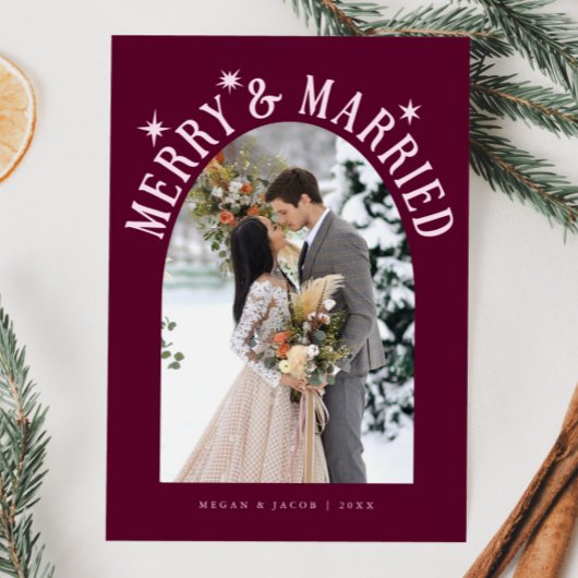 Merry & Married Arch Pas getrouwd Foto Cranberry Feestdagenkaart