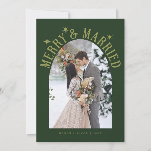 Merry & Married Arch Pas getrouwd Foto Groen Feestdagenkaart (Voorkant)