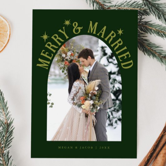 Merry & Married Arch Pas getrouwd Foto Groen Feestdagenkaart