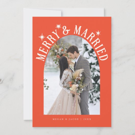 Merry & Married Arch Pas getrouwd Foto Rood Feestdagenkaart (Voorkant)
