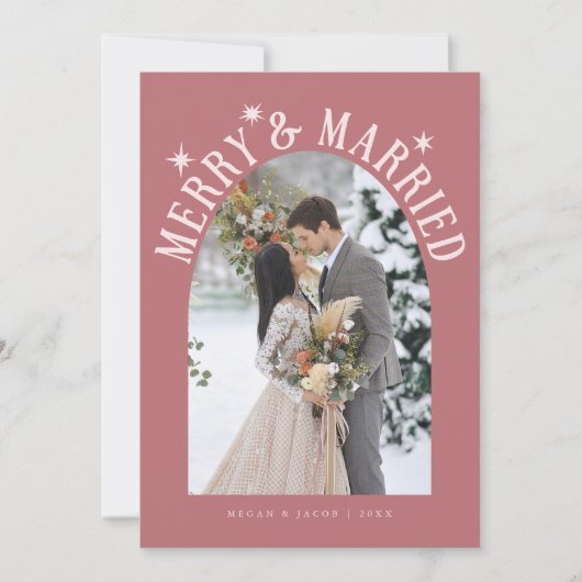 Merry & Married Arch Pas getrouwd Foto Roze Feestdagenkaart (Voorkant)