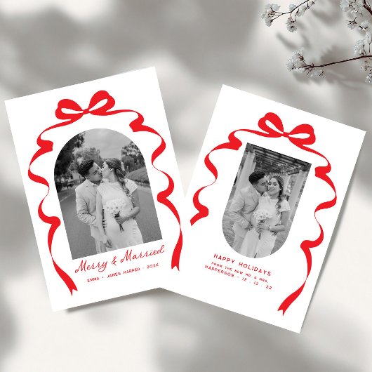Merry & Married Bow Foto Kerst Passen getrouwd Arc Feestdagenkaart