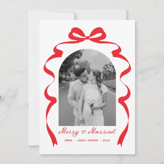Merry & Married Bow Foto Kerst Passen getrouwd Feestdagenkaart (Voorkant)
