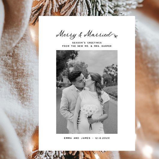 Merry & Married Bow Foto Kerst Passen getrouwd Feestdagenkaart