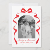 Merry & Married Bow Foto Kerst Passen getrouwd Feestdagenkaart (Voorkant)