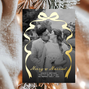 Merry & Married Bow Foto Kerst Passen getrouwd Folie Feestdagenkaart