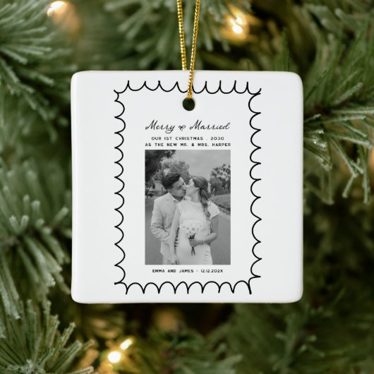 Merry & Married Bow Foto Kerst Passen getrouwd Keramisch Ornament (Boom)