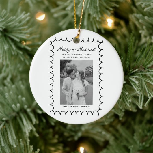 Merry & Married Bow Foto Kerst Passen getrouwd Keramisch Ornament (Boom)