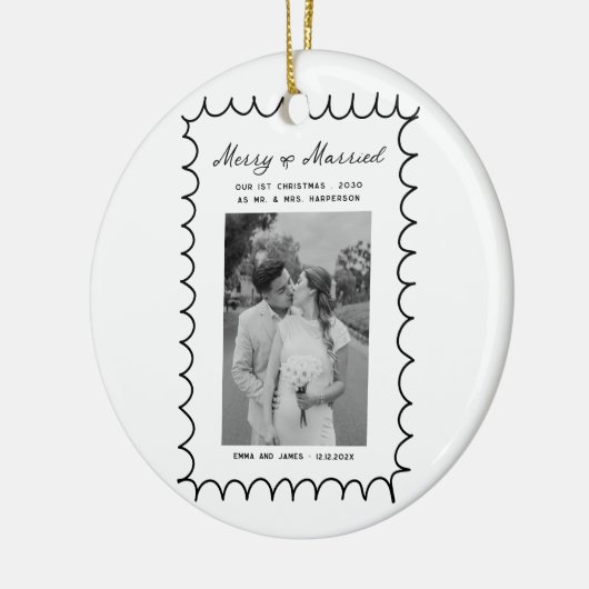 Merry & Married Bow Foto Kerst Passen getrouwd Keramisch Ornament (Links)