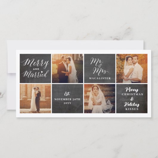 Merry & Married Chalkboard 4 Foto Collage Wedding Feestdagenkaart (Voorkant)