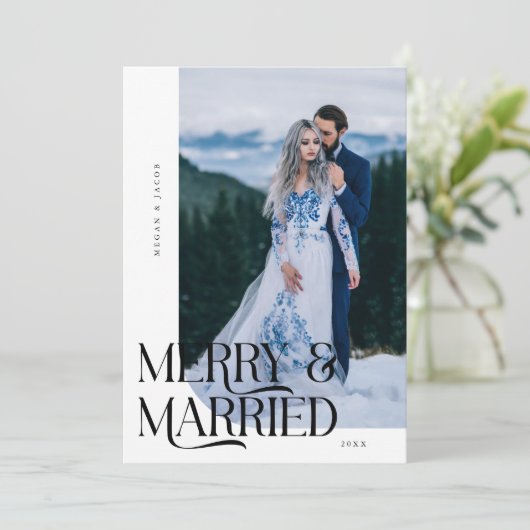 Merry & Married Christmas Pas getrouwd Foto Wit Feestdagenkaart (Staand voorkant)