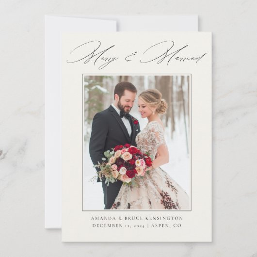 Merry & Married Elegant Kalligrafie Fotobruiloft Feestdagenkaart (Voorkant)