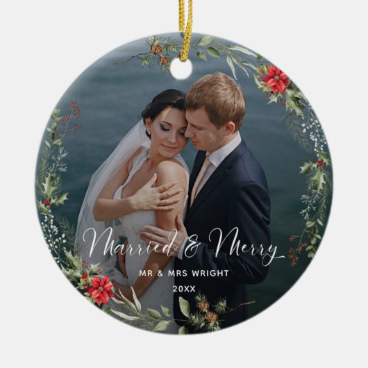 Merry & Married Elegant Script Wedding Photo Keramisch Ornament (Voorkant)