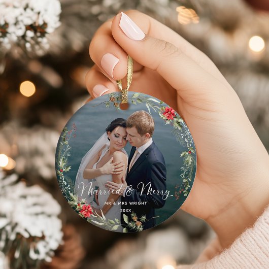 Merry & Married Elegant Script Wedding Photo Keramisch Ornament