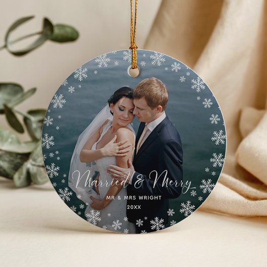 Merry & Married Elegante Script Trouwfoto Ornament