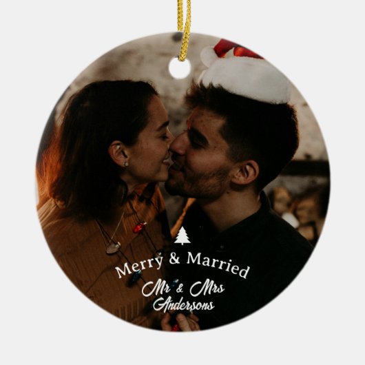 Merry & Married First Christmas-scriptfoto Keramisch Ornament (Voorkant)