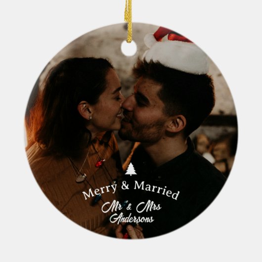 Merry & Married First Christmas-scriptfoto Keramisch Ornament (Achterkant)