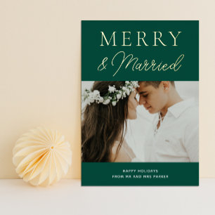 Merry Married Green Gold Script Foto Kerstmis Folie Feestdagenkaart